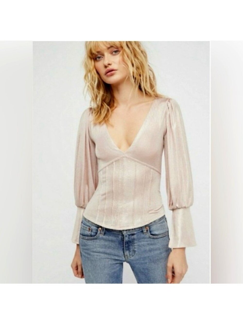 NEW Free People Killer Queen Pleated Romantic Goth shimmer  V-Neck Top  size XS